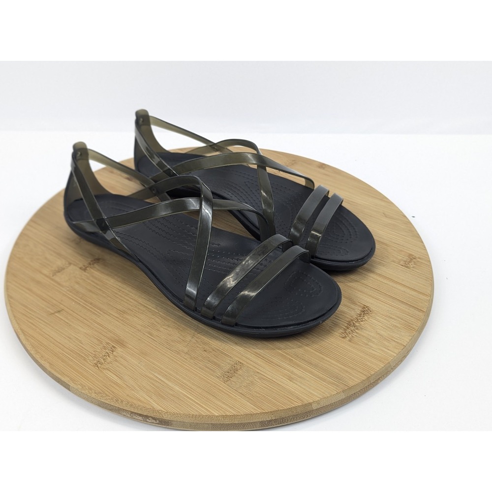 Crocs Isabella Strappy Sandals Jelly Womens 6 Black Flat Shoes Summer Beach